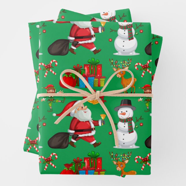 Festive Colourful Christmas Santa, Snowman, Presen Wrapping Paper Sheet (In situ)