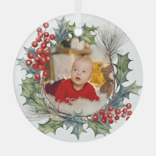 Festive Colourful Christmas Watercolor Photo Wreat Glass Tree Decoration