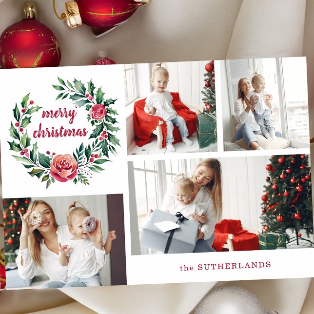 Festive Colourful Christmas Wreath Photo Collage Holiday Card (Creator Uploaded)