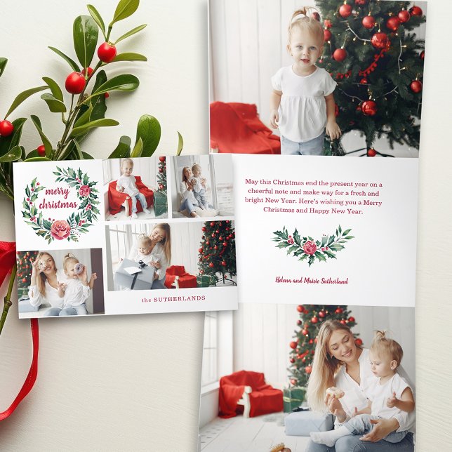 Festive Colourful Christmas Wreath Photo Collage Tri-Fold Holiday Card (Creator Uploaded)