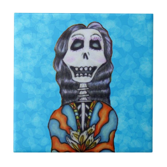 Festive Colourful Day of Dead Female Skeleton Aqua Tile (Front)