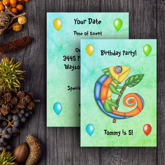 Festive Colourful Fantasy Lizard Balloons Birthday Invitation (Colourful lizard festive balloons on blue green kids birthday party invitations.)