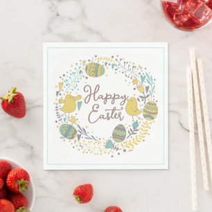 Festive Colourful Happy Easter Chicks & Wreath Napkin