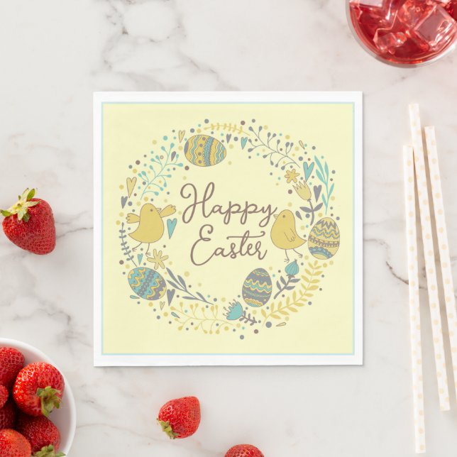 Festive Colourful Happy Easter Chicks & Wreath Napkin (Insitu)
