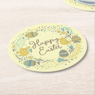 Festive Colourful Happy Easter Chicks & Wreath Round Paper Coaster
