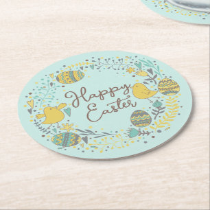 Festive Colourful Happy Easter Chicks & Wreath Round Paper Coaster