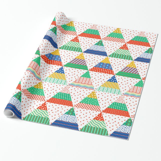 Festive Colourful Patchwork Christmas Triangles Wrapping Paper (Unrolled)