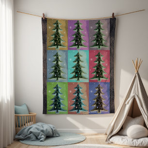 Festive Colourful Retro Personalised Xmas Trees Fleece Blanket