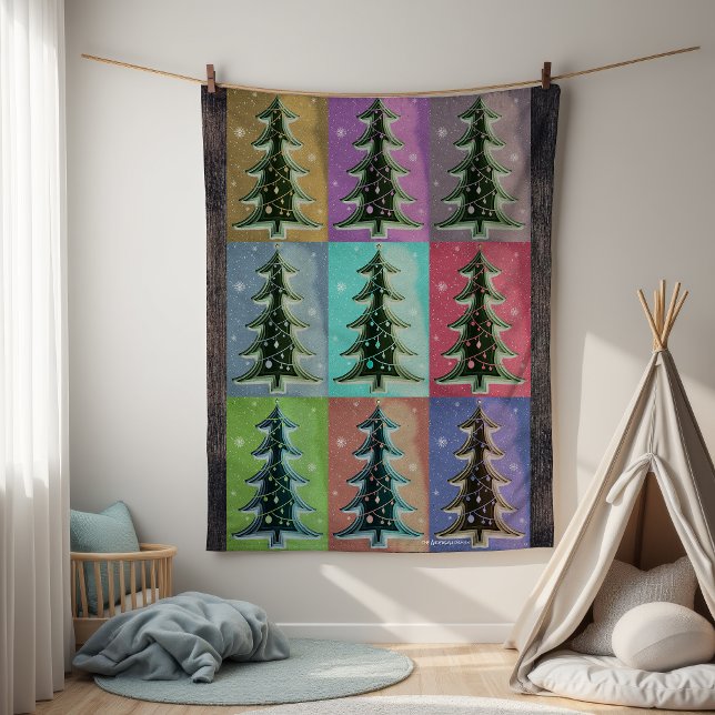 Festive Colourful Retro Personalised Xmas Trees Fleece Blanket (Creator Uploaded)