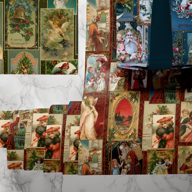 Festive Colourful Vintage Christmas Card Collage Wrapping Paper Sheet (Creator Uploaded)