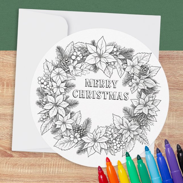 Festive Colouring Elegant Wreath Merry Christmas Holiday Card (A Christmas card to color, with round festive wreath design and Merry Christmas greeting)
