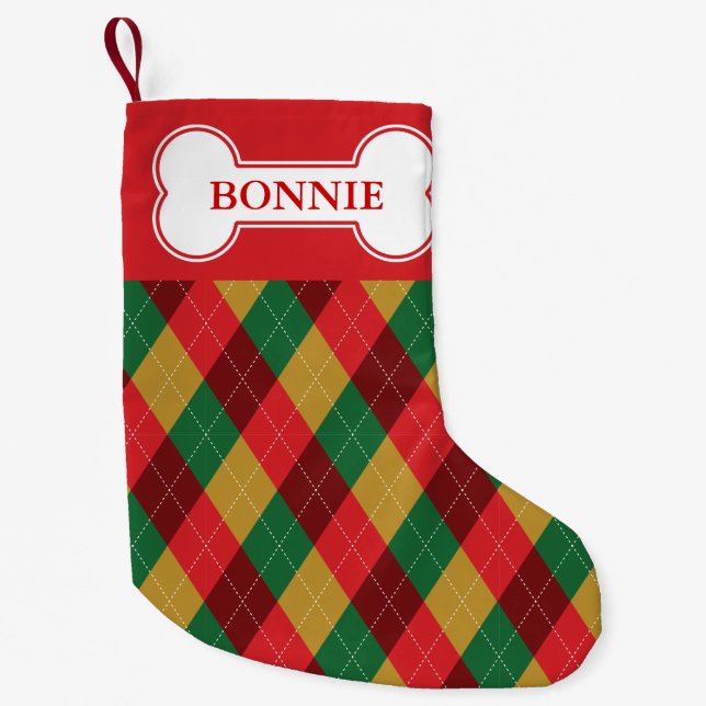 Festive Colours Argyle Pattern & Dog Bone With Nam Small Christmas Stocking (Front)