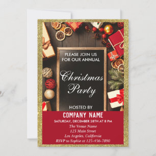 Festive Company Christmas Party Red & Gold Glitter Invitation
