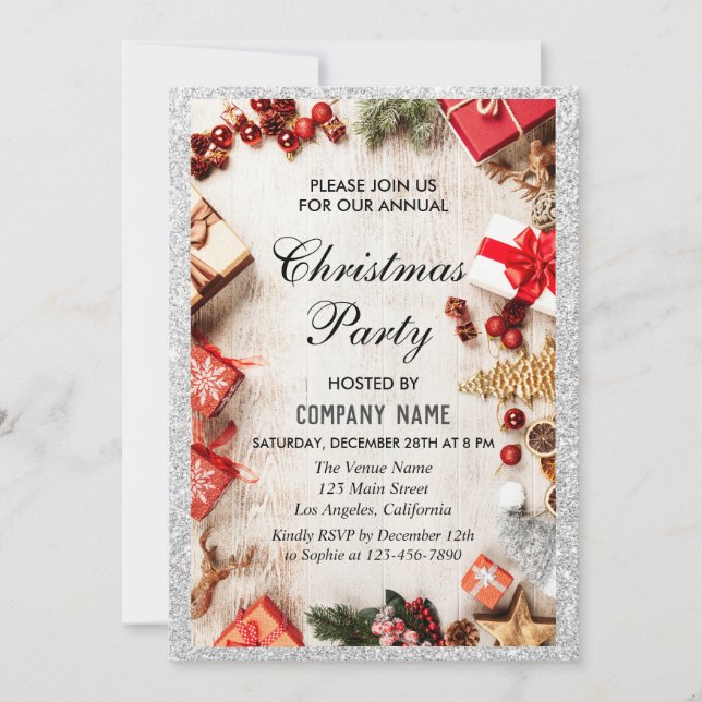 Festive Company Christmas Party Silver Glitter Invitation (Front)