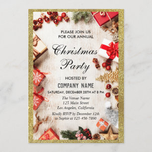 Festive Company Christmas Party White Gold Glitter Invitation