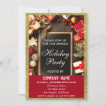 Festive Company Holiday Party Red & Gold Glitter Invitation<br><div class="desc">Festive annual holiday company Christmas party invitation with a sparkly gold glitter sparkles border and red gifts with bows surrounding a black chalkboard on rustic brown wood. The party details are written in white with a bright red background. This is a perfect holiday/ Christmas/ winter invitation!</div>