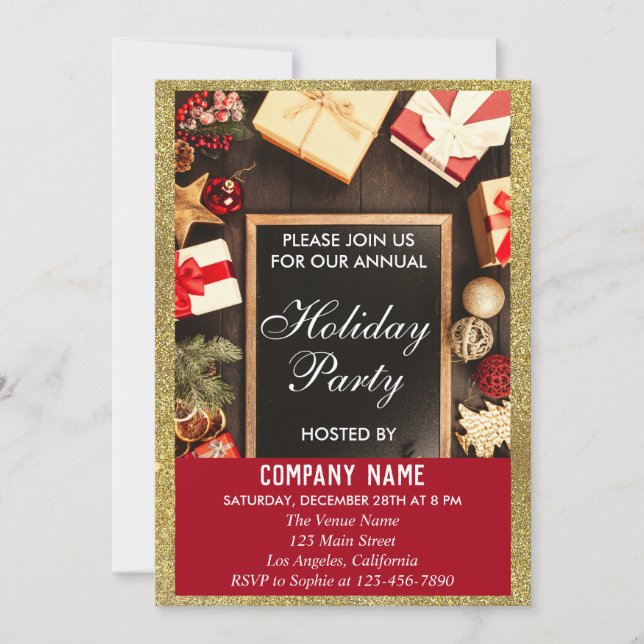 Festive Company Holiday Party Red & Gold Glitter Invitation (Front)