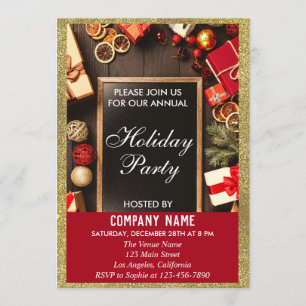 Festive Company Holiday Party Red & Gold Glitter Invitation