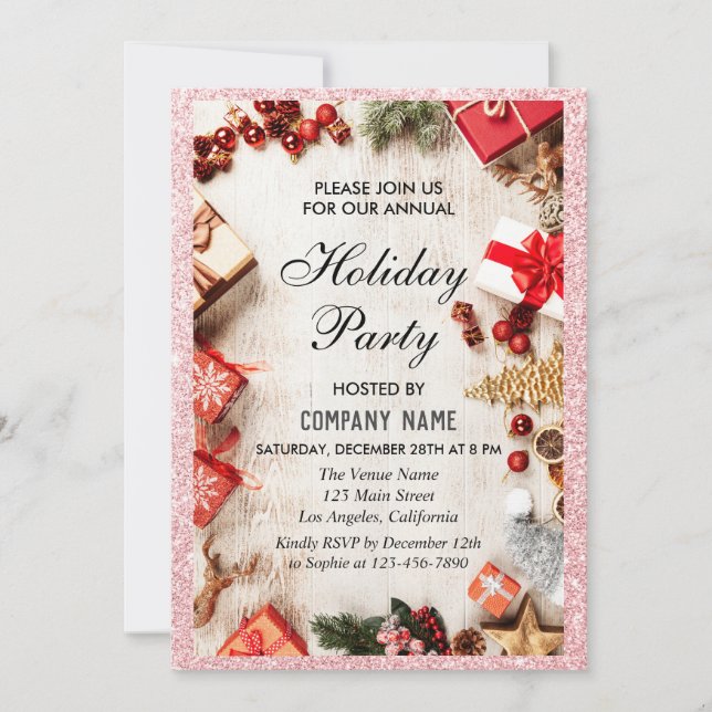 Festive Company Holiday Party Rose Gold Glitter Invitation (Front)