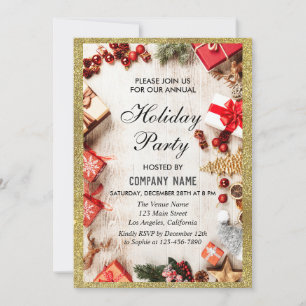 Festive Company Holiday Party White & Gold Glitter Invitation
