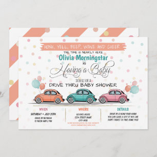 Festive Coral Drive By Baby Shower Parade Invitation