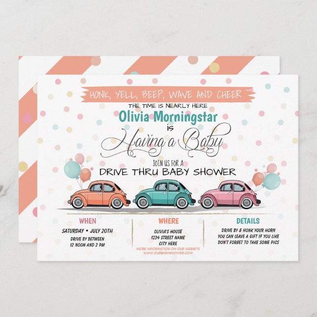 Festive Coral Drive By Baby Shower Parade Invitation (Front/Back)