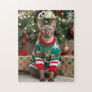 Festive Cornish Rex Cat Christmas Personalised Jigsaw Puzzle