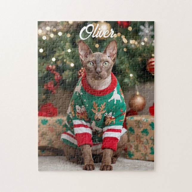 Festive Cornish Rex Cat Christmas Personalised Jigsaw Puzzle (Vertical)