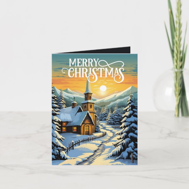 Festive Country Christmas Church add message Holiday Card (Front)