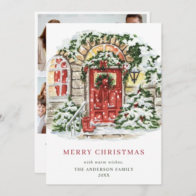 Festive Country House Christmas Greeting 4 Photo Holiday Card (Front/Back)