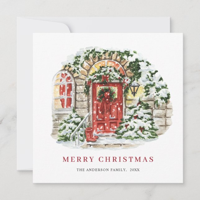 Festive Country House Christmas House Greeting Holiday Card (Front)