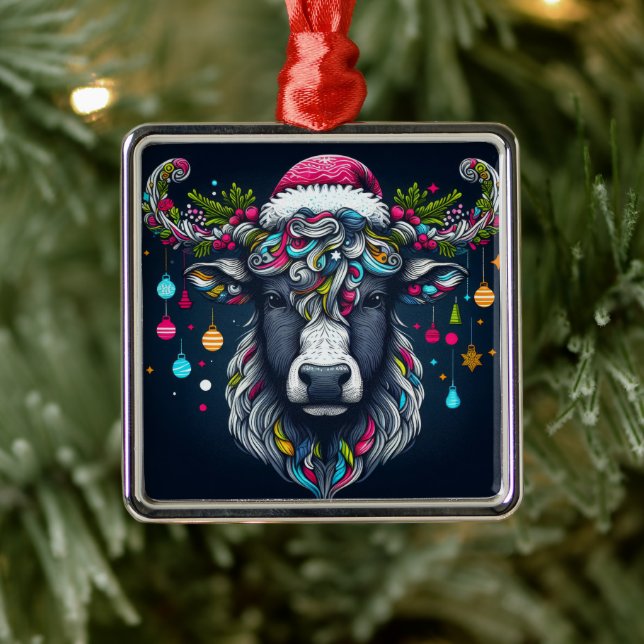 Festive Cow Metal Ornament (Tree)