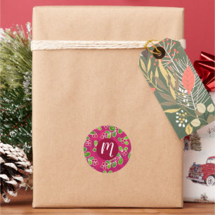 Festive Cranberry Foliage Pattern, Fuchsia Classic Round Sticker