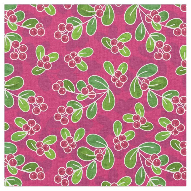 Festive Cranberry Foliage Pattern, Fuchsia  Fabric (Close Up)
