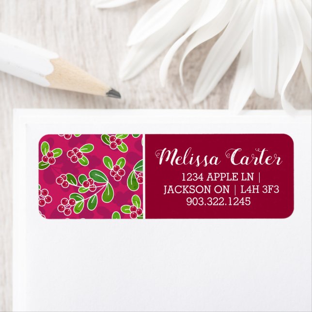 Festive Cranberry Foliage Pattern, Fuchsia  Return Address Label (Insitu)