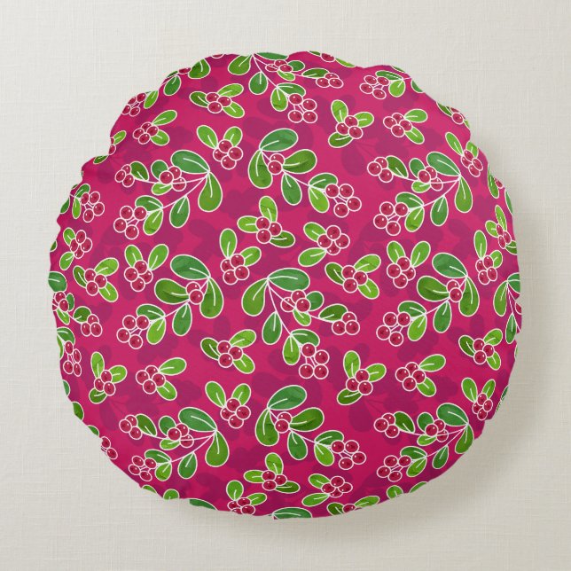 Festive Cranberry Foliage Pattern, Fuchsia  Round Cushion (Front)