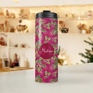 Festive Cranberry Foliage Pattern, Fuchsia Thermal Tumbler