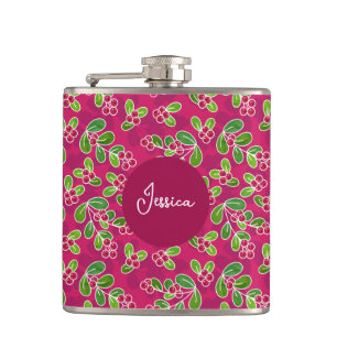 Festive Cranberry Fruit Pattern, Fuchsia Hip Flask