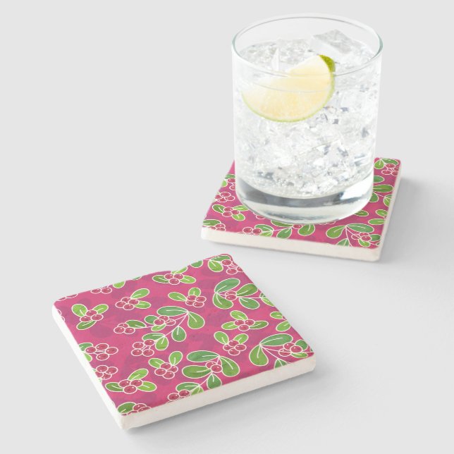 Festive Cranberry Fruit Pattern, Fuchsia  Stone Coaster (Side)