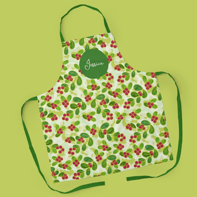 Festive Cranberry Fruit Pattern, Green Apron (Winter Cranberry Apron in Green with Name Apron)