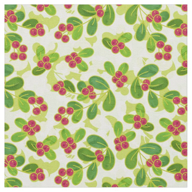 Festive Cranberry Fruit Pattern, Green Fabric (Close Up)