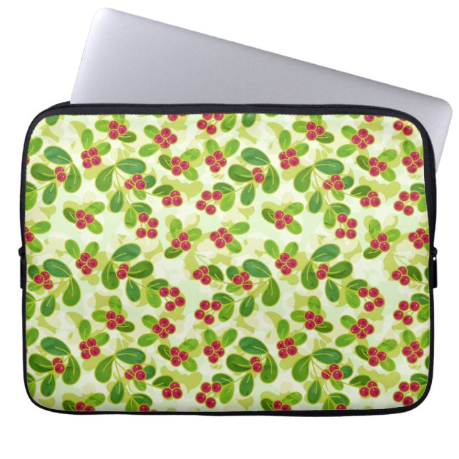 Festive Cranberry Fruit Pattern, Green Laptop Sleeve (Front)