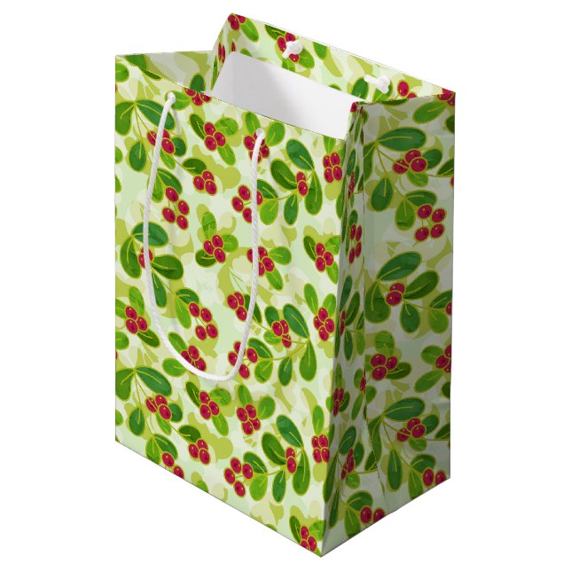 Festive Cranberry Fruit Pattern, Green Medium Gift Bag (Front Angled)