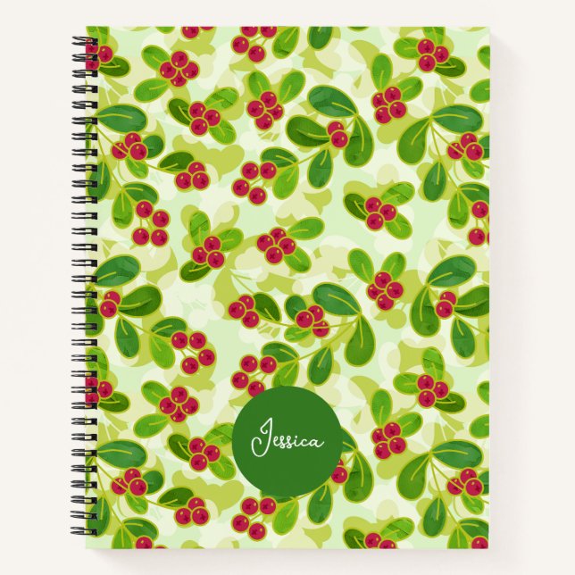 Festive Cranberry Fruit Pattern, Green Notebook (Front)