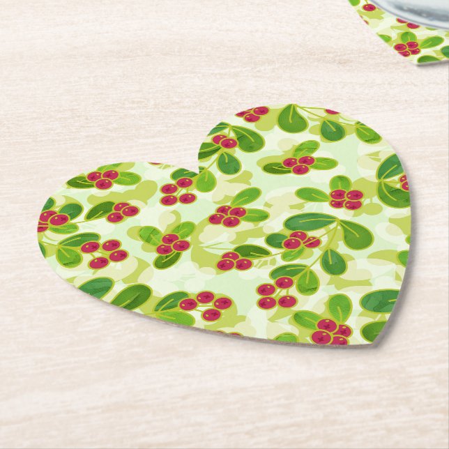 Festive Cranberry Fruit Pattern, Green Paper Coaster (Angled)