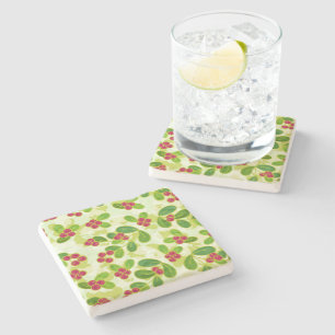 Festive Cranberry Fruit Pattern, Green Stone Coaster