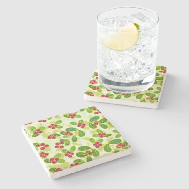 Festive Cranberry Fruit Pattern, Green Stone Coaster (Side)