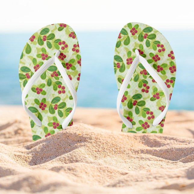 Festive Cranberry Fruit Pattern, Green Thongs (Festive Cranberry Pattern FlipFlops)