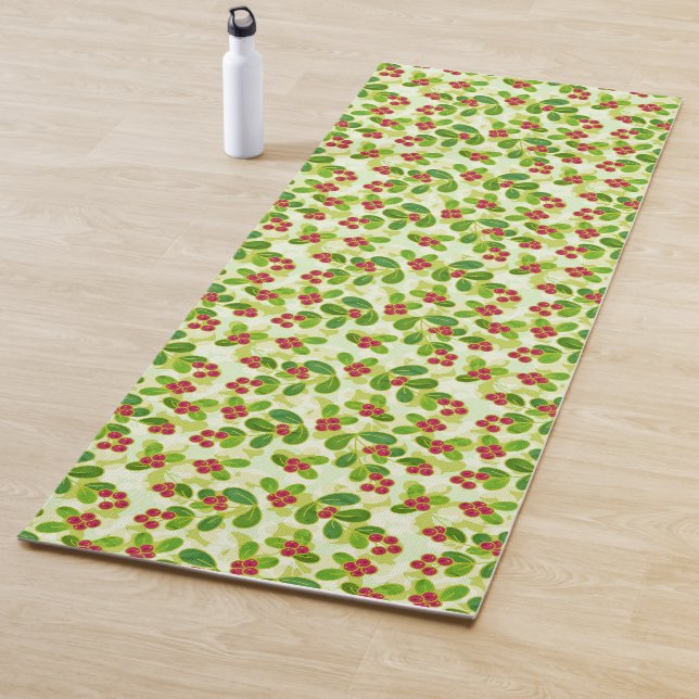 Festive Cranberry Fruit Pattern, Green Yoga Mat (In Situ)