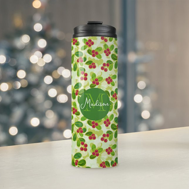 Festive Cranberry Fruit Pattern & Monogram, Green Thermal Tumbler (Festive Cranberry Pattern & Custom Monogram Tumbler)